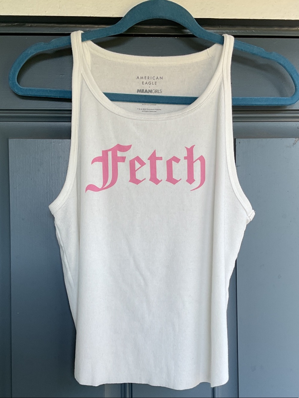 American Eagle Outfitters White Ribbed Tank with Pink 'Fetch' Print, Size XL